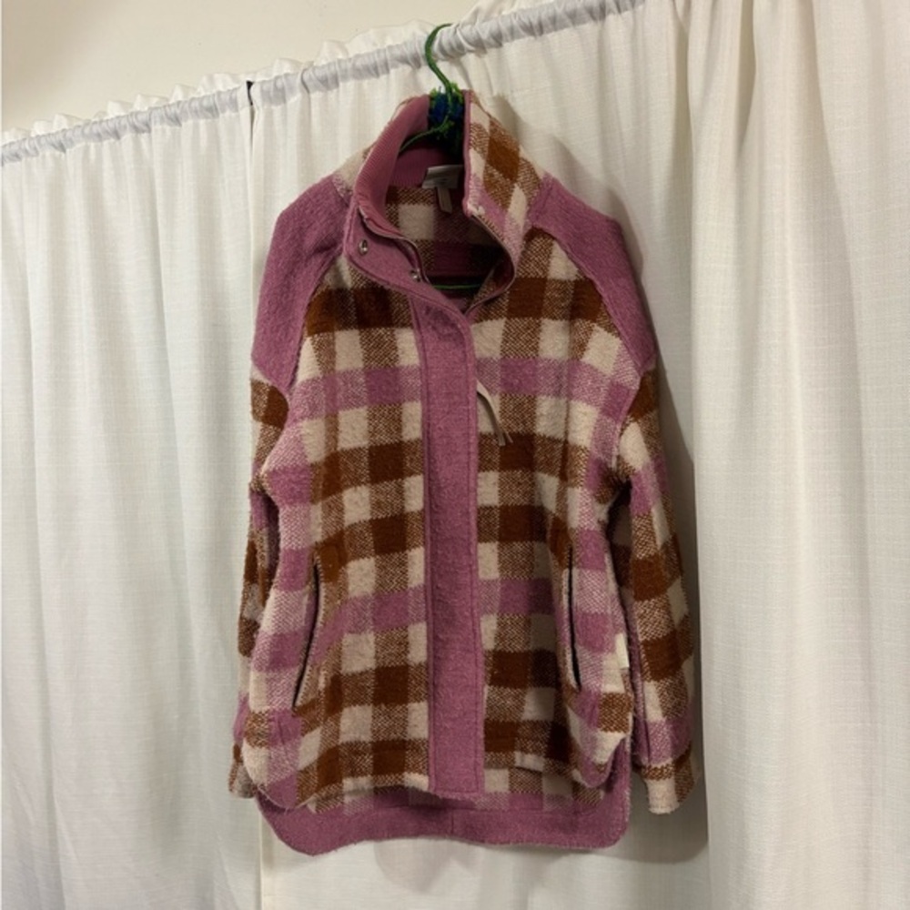 Varley Alma Pink and Brown Checkered Bomber Jacket